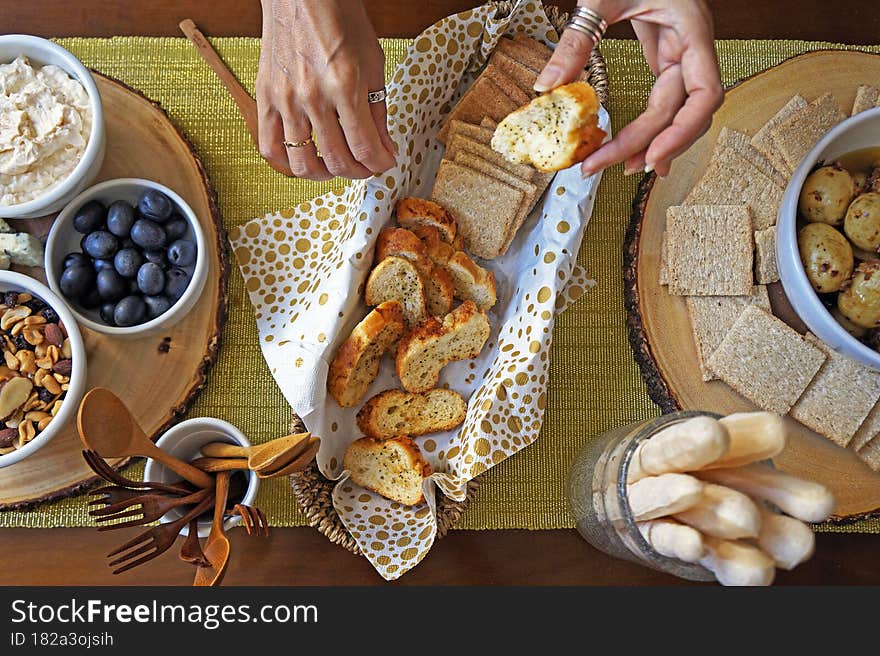 Toasted bread slices on table, top view in Rio de Janeiro, Brazil, during a celebration