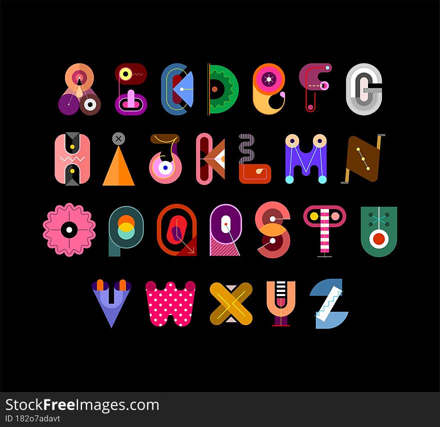 Abstract geometric shapes font design isolated on a light background. Each letter is on a separate layer in the vector EPS file. Abstract geometric shapes font design isolated on a light background. Each letter is on a separate layer in the vector EPS file