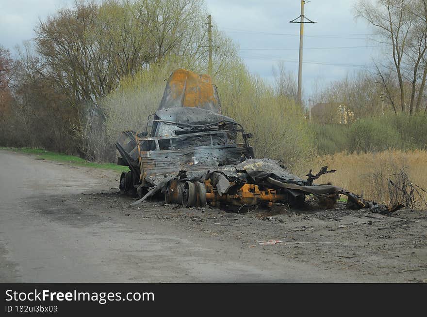 Burnt military equipment. Chernihiv region, New Basan