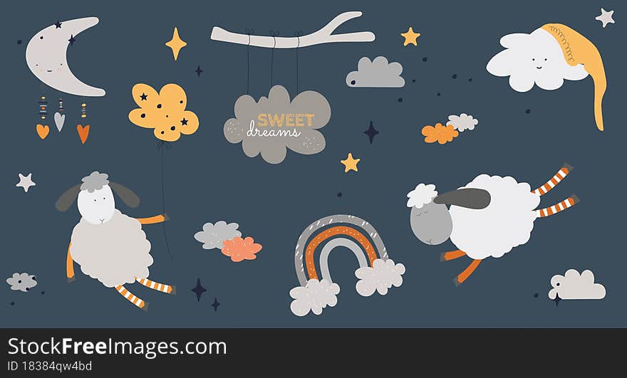 Sweet dreams sheep vector illustration with clouds, moon and rainbow for kids postcards and decoration. Happy sleeping lamb cartoon drawings