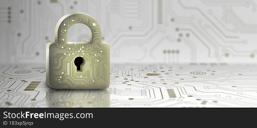 Padlock with Keyhole in data security on circuit. Modern safety digital Concept