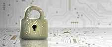 Padlock With Keyhole In Data Security On Circuit. Modern Safety Digital Concept Royalty Free Stock Images