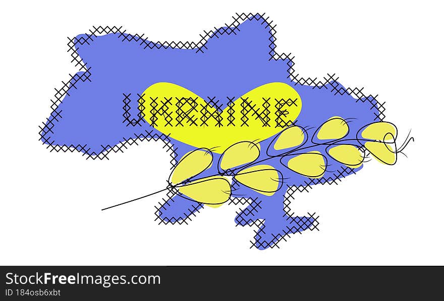 map of ukraine with borders in the form of embroidery stitches in the colors of the national flag and a spikelet