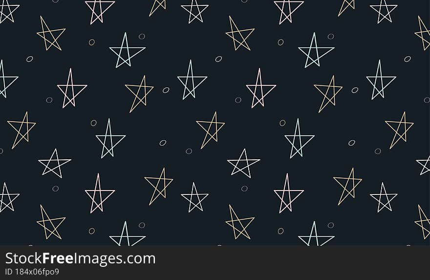 Seamless  pattern with colorful stars and dots. Festive print on dark background. Hand drawn doodle pattern for satationery