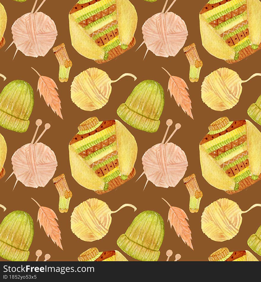 Watercolor trendy pattern with vintage sweater, knitted hat and sock, autumn leaves. Colorful autumn seamless pattern.