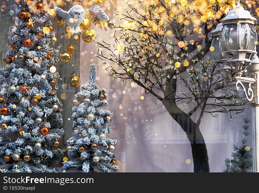 Christmas shop window. Market. New Year. Classical xmas decoration.