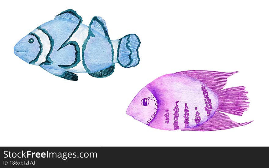Watercolor illustration of tropical fish in blue turquoise purple colors, ocean sea underwater wildlife animals. Nautical summer beach design, coral reef life nature