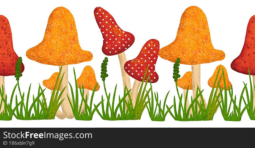 Hand drawn fall autumn seamless horizntal border with mushrooms forest wood grass leaves. Woodland frame in red orange
