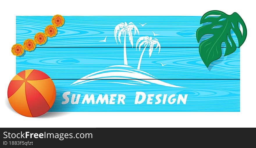 Summer design. Wooden board with the image of palm trees and a sea wave. Vector illustration