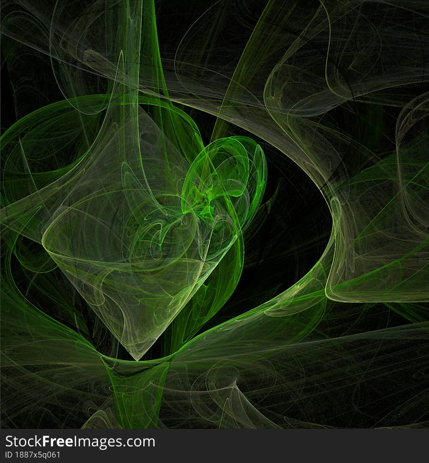 Bright Abstract Linear Background, Green Digital Drawing On Black, Graphics, Design