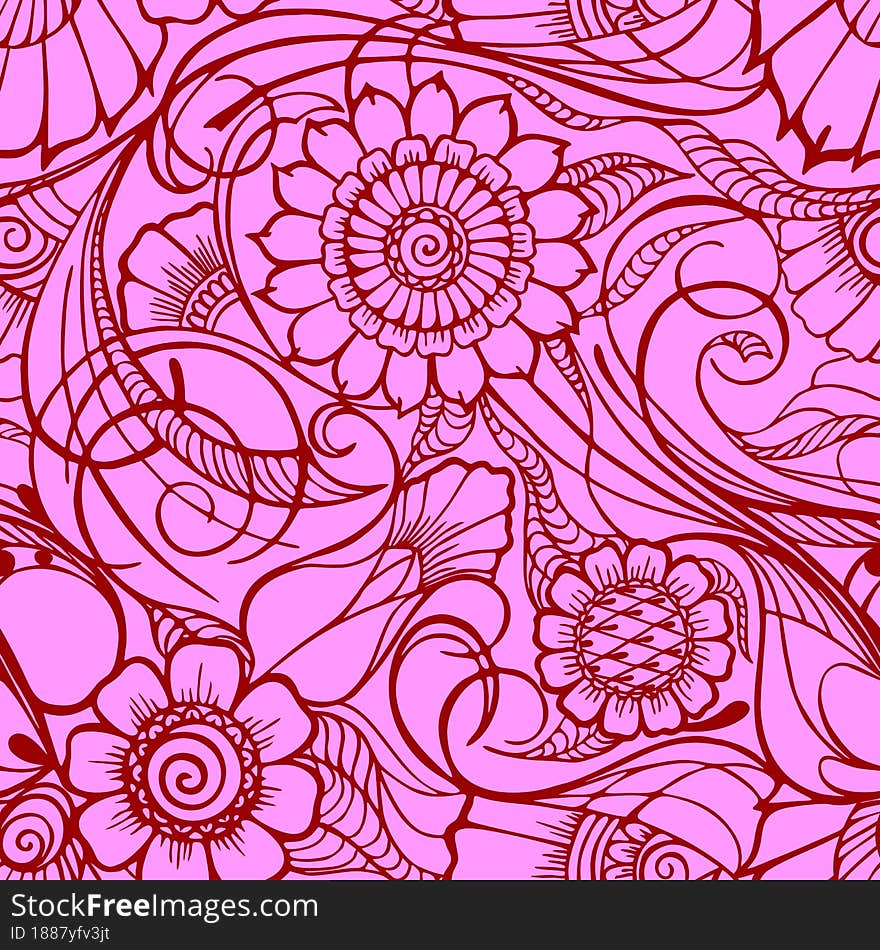 seamless floral pattern, oriental motifs, contour burgundy floral pattern on a pink background, texture, background