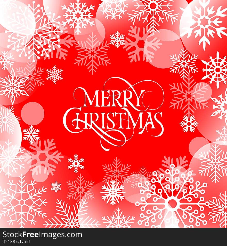 merry christmas greeting card, text and snowflakes on red background, design