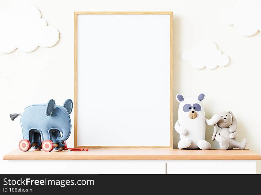 Nursery Digital Mockup, Frame Mockup, Nursery frame mockup, frame on a light background. 3D rendering. Nursery Digital Mockup, Frame Mockup, Nursery frame mockup, frame on a light background. 3D rendering.