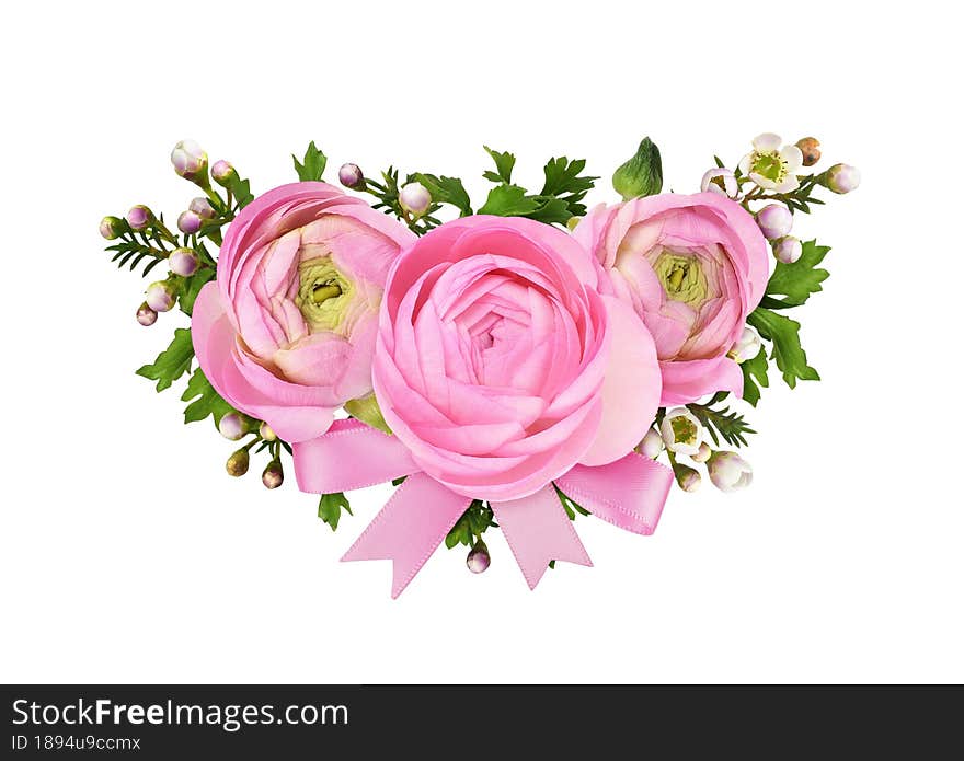 Pink chamelaucium and ranunculus flowers in a floral wave arrangement isolated on white background