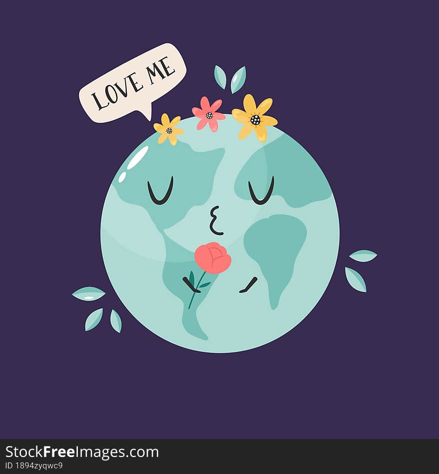Vector illustration of a cute planet Earth saying love me