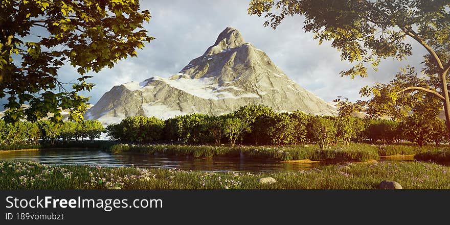 A beautiful lake in the forest on the background of a mountain. 3D rendering illustration.