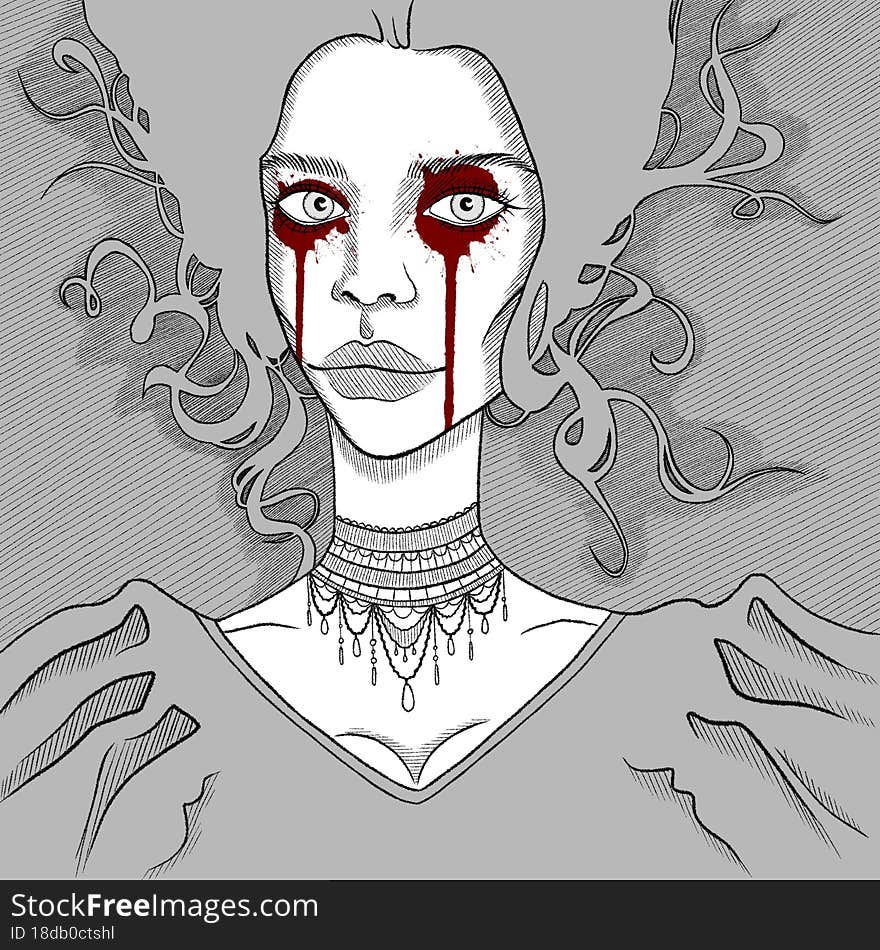 Scary bloody woman-ghost with curly silver hair is crying. Black and white sketch of a creepy woman.