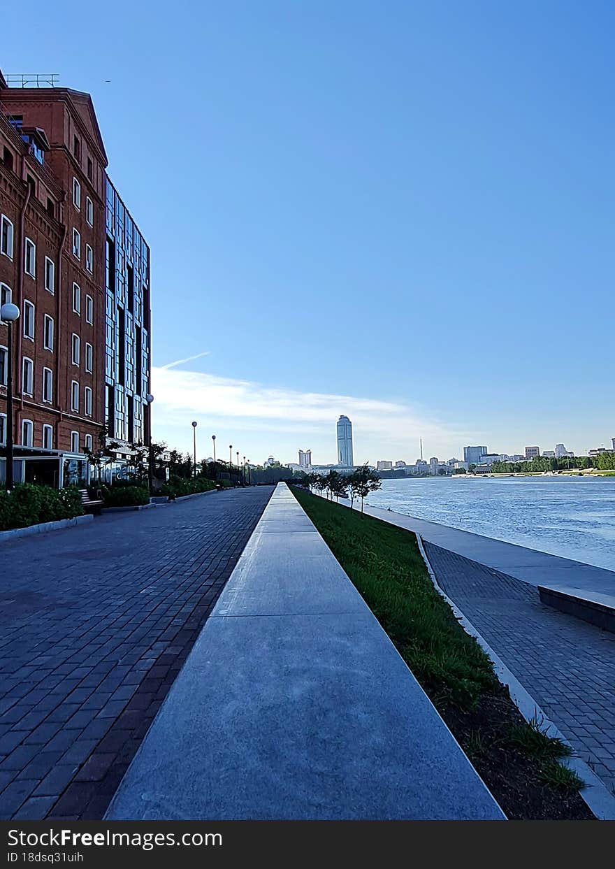 Embankment of the river in the early morning, Yekaterinburg, Russia
