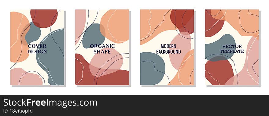 Set of 4 wall art posters, brochure, flyer templates. Organic line abstract shape drawn, hand drawn design, simple wallpaper. Dynamic contemporary line graphic vector vintage design, liquid or fluid