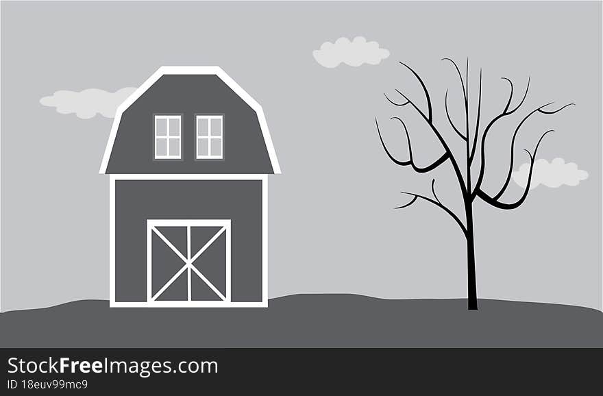 Grayscale country landscape with barn house