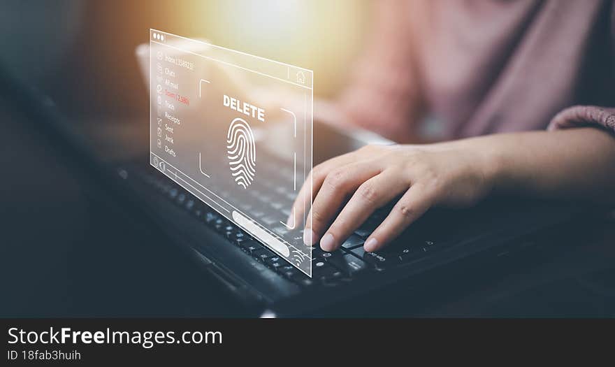 Email spam with laptop and virus internet security concept, woman touch scan fingerprint delete email spam with a laptop. Spam, junk and e-marketing on screen, Spam Email Pop-up Warning