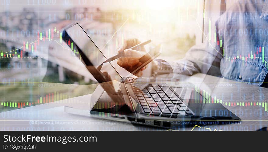 Business team present. professional investor working new start up project. Finance managers meeting.Digital tablet docking screen computer design smart phone using, in morning light