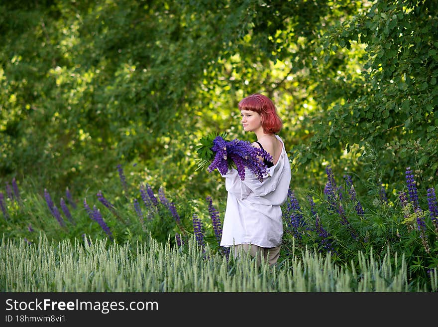 green field, running in the field, white shirt, standing in the field, holding flowers, teenager standing, rainy weather, pink hair, walking in the rain, bouquet of lupines. green field, running in the field, white shirt, standing in the field, holding flowers, teenager standing, rainy weather, pink hair, walking in the rain, bouquet of lupines