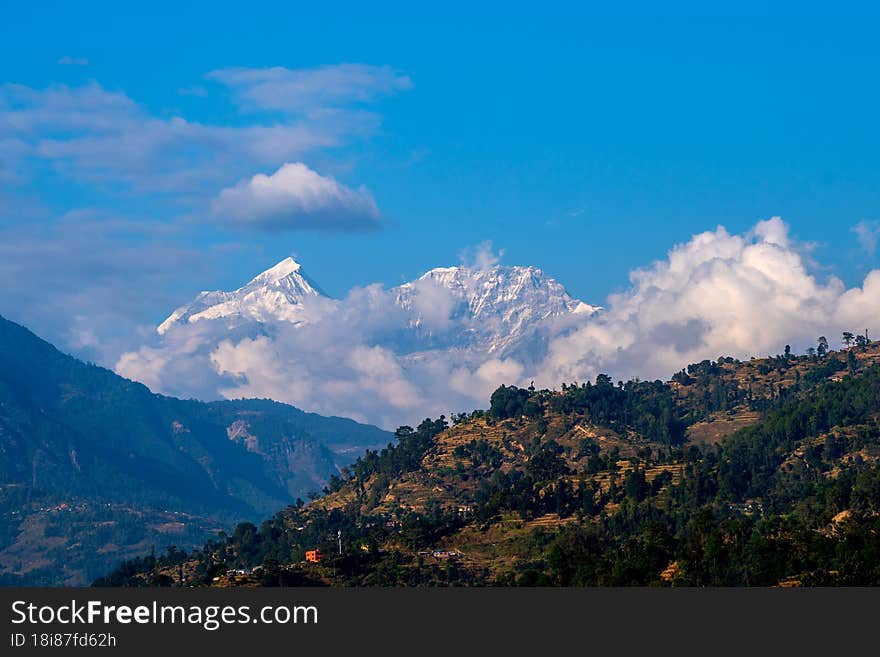 Snowy mountains in the morning in Nepal