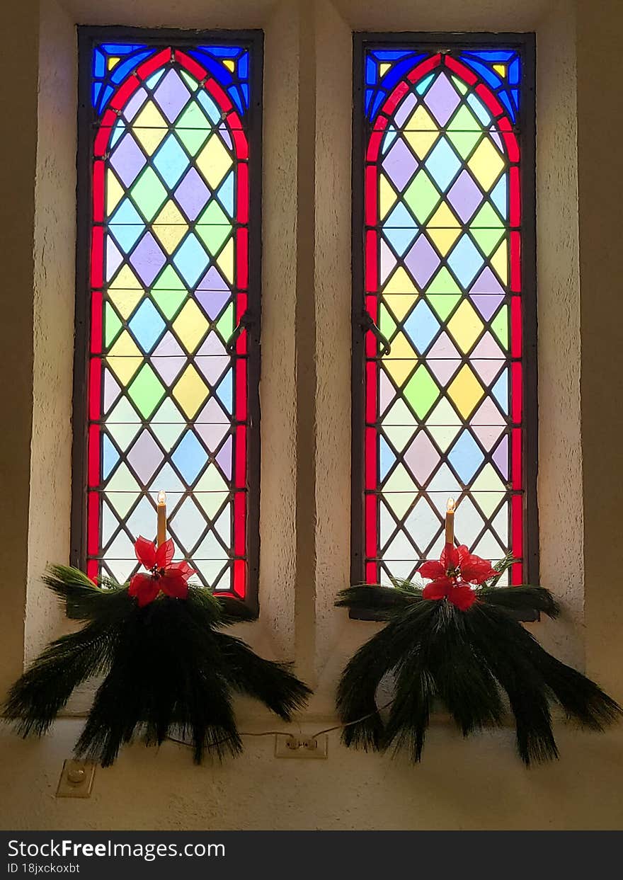 Stained Glass Church Christmas window with pine tree