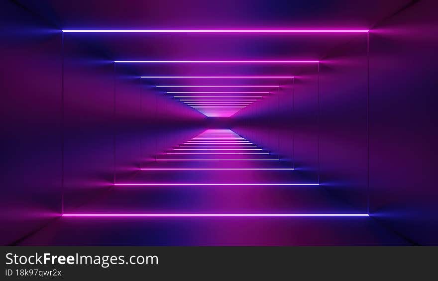 3D rendering of long futuristic neon corridor going into perspective. Neon background, virtual reality, sci-fi modern empty stage reflecting concrete room, bright pink blue spectrum colors