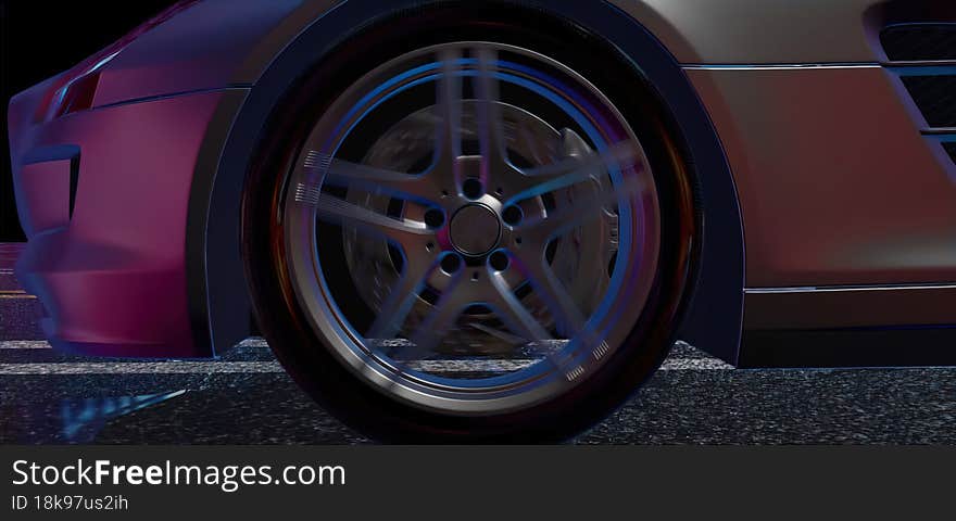 Close-up of a star-shaped wheel on an asphalt surface in motion a sports car in the dark