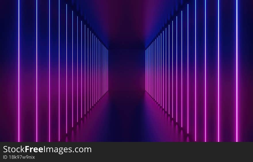 3D rendering of long futuristic neon corridor going into perspective. Neon background, virtual reality, sci-fi modern empty stage