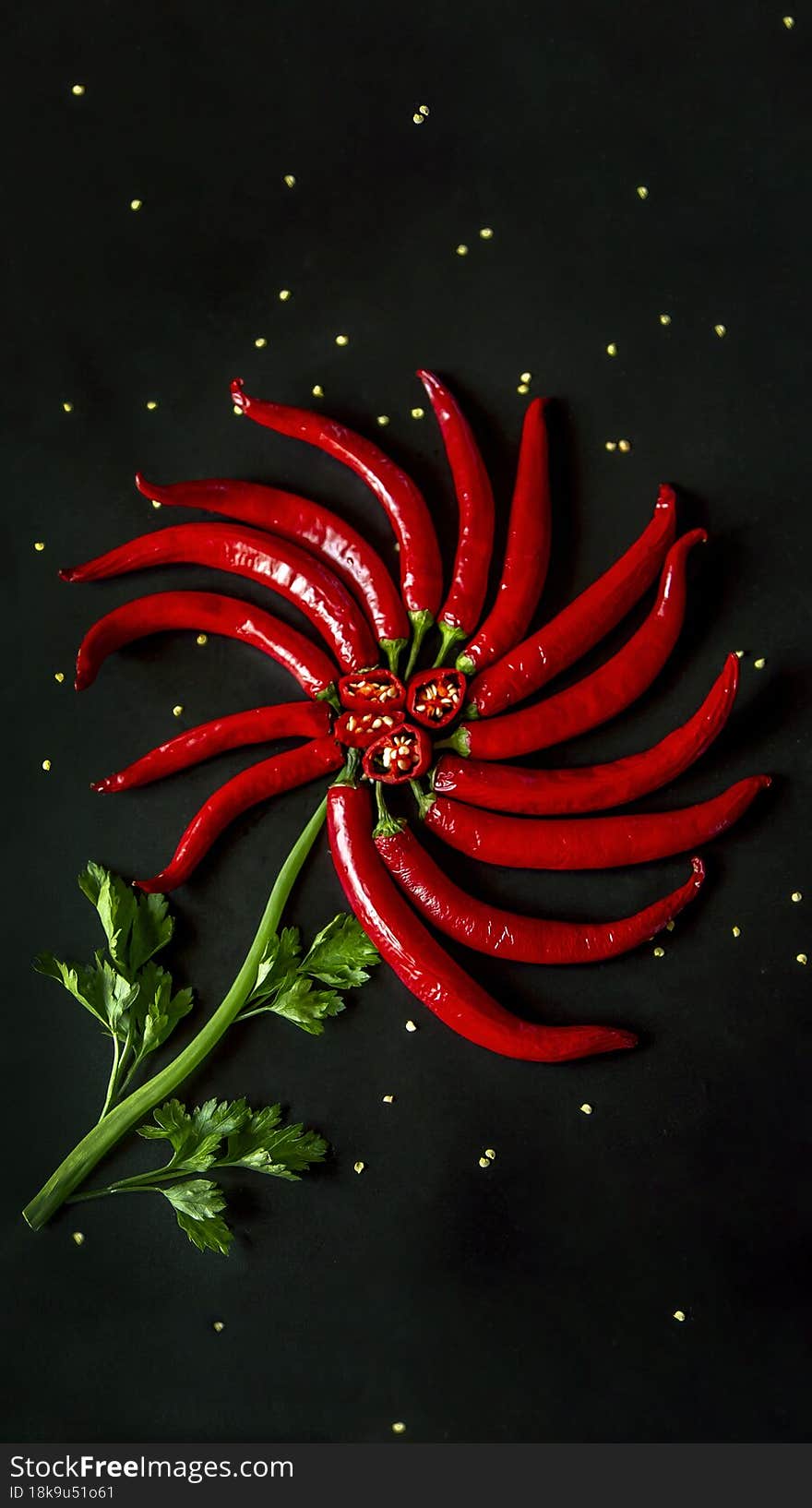Chili pepper in the form of a flower on a black background  close-up. Chili pepper in the form of a flower on a black background  close-up