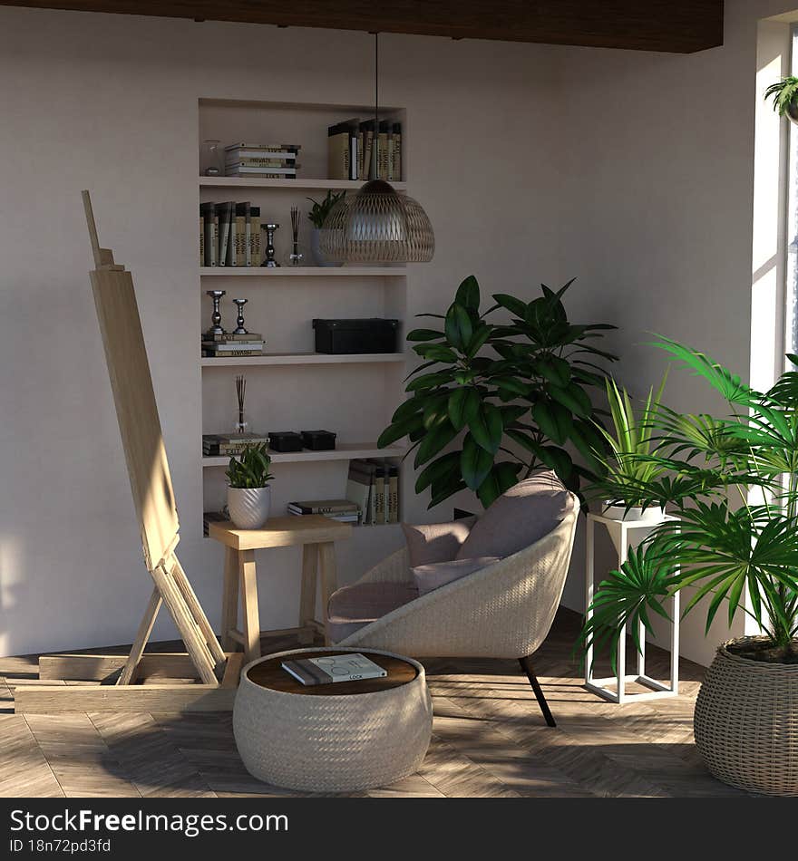 Room Decorated with plants, studio style.