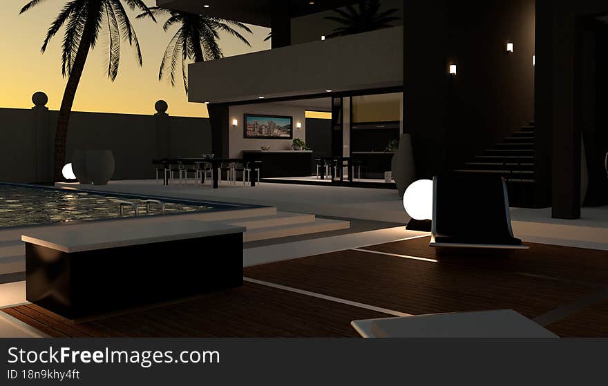 3D model of Modern House, outdoor pool