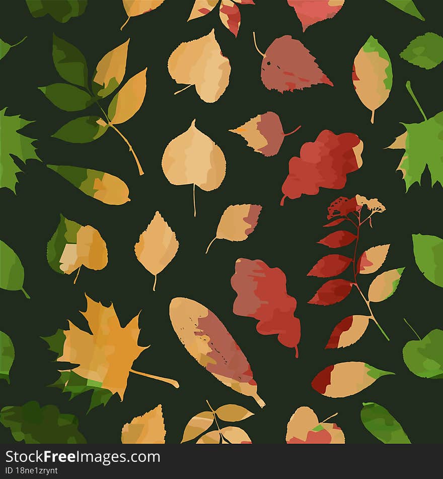 Fall of the leaves. Autumn leaves are drawn with chalk on the black chalkboard. Seamless pattern for textile, wallpapers, gift wrap and scrapbook. Vector illustration.