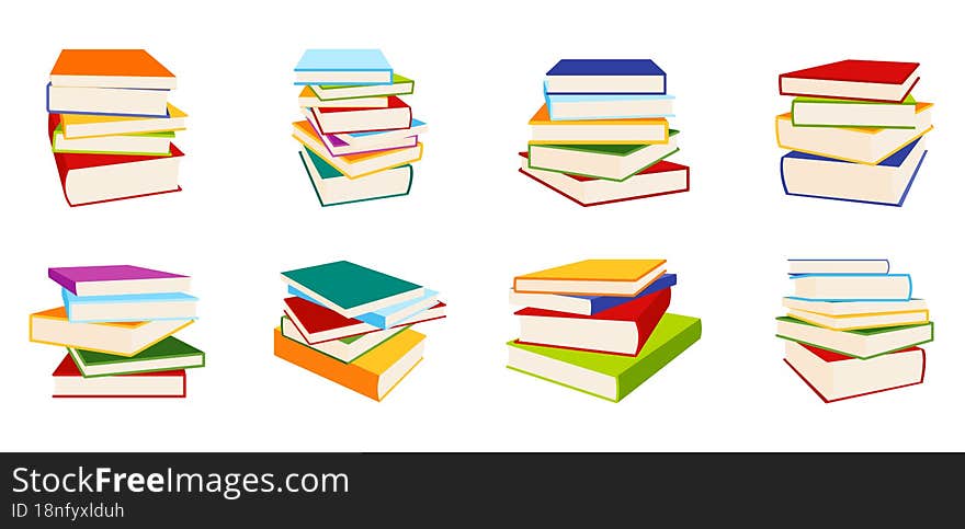Book pile stack heap vintage modern style flat set. Collection element school student presentation ads library bookstore collage object isometric infographic education business literary site isolated