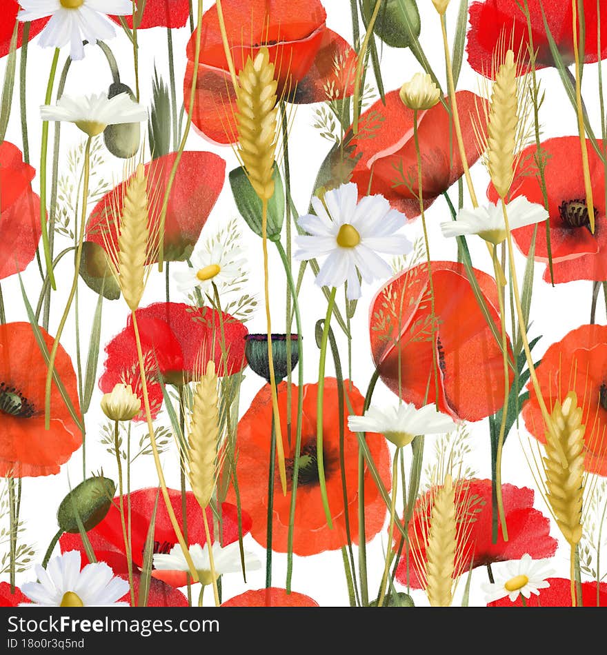 Seamless pattern of red poppies, chamomiles and wheat spikelets