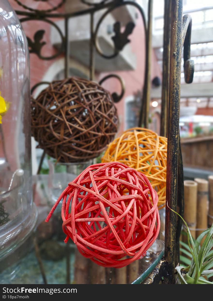 Brown, Yellow, Red, Three Rattan Balls