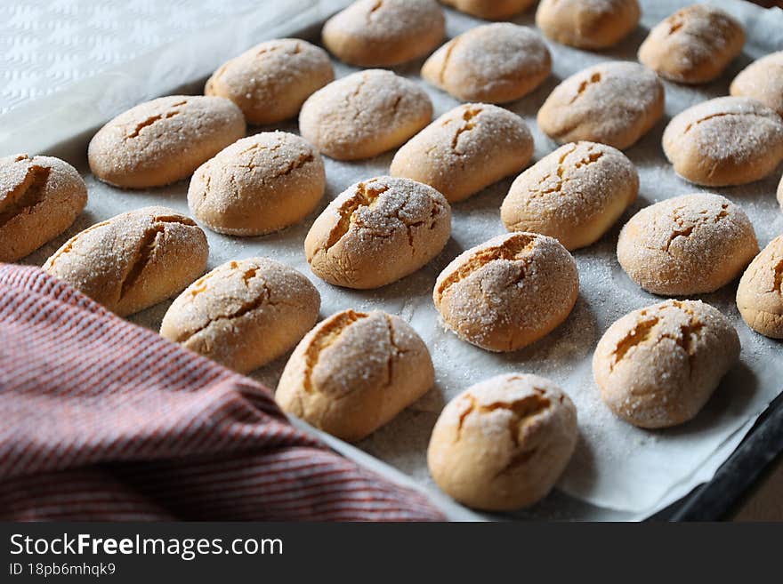 Selective focus on group of traditional biscuits in baking tray, italy. Selective focus on group of traditional biscuits in baking tray, italy
