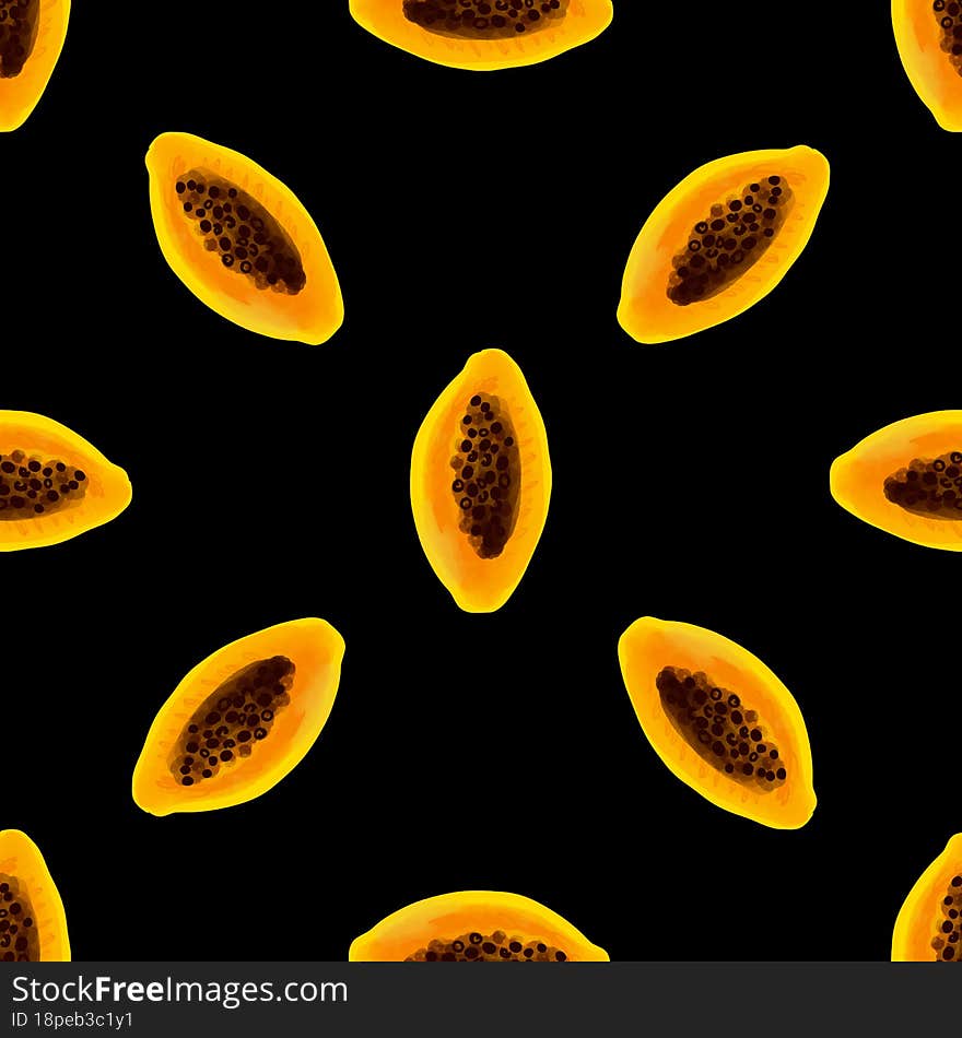 Seamless pattern with iIlustration of a papaya fruit on a black background.