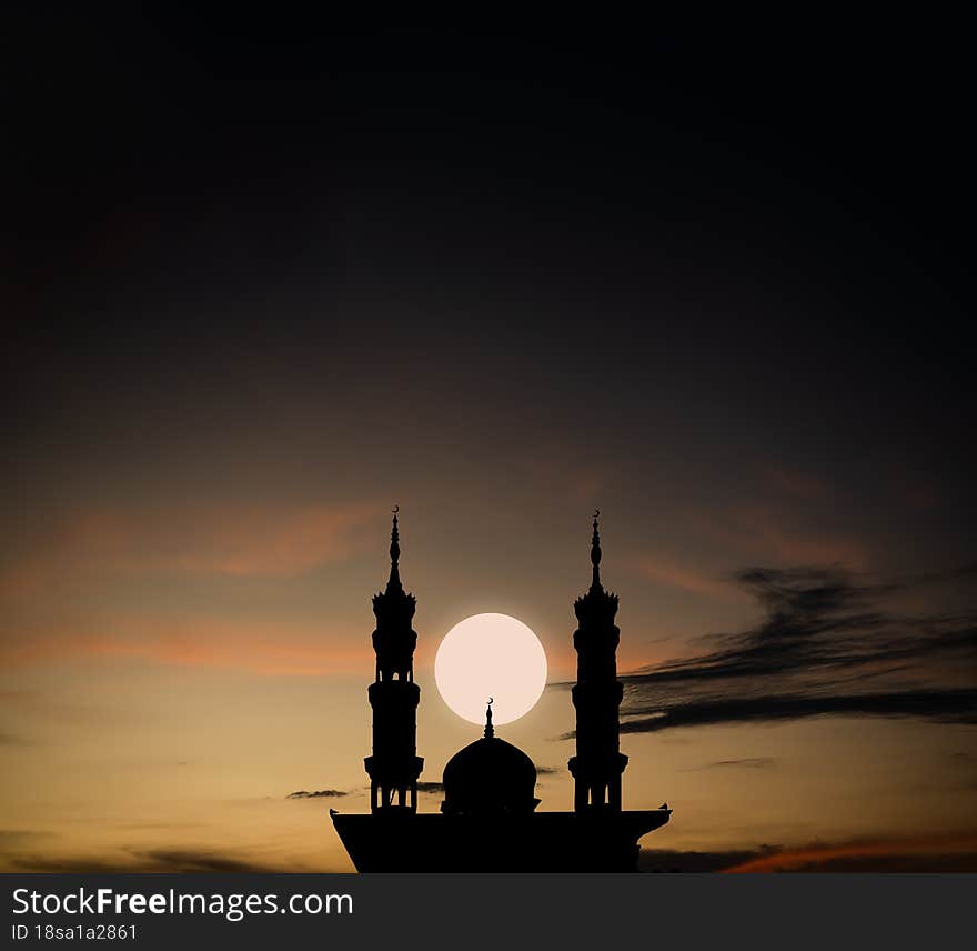 Ramadan, Eid ai-fitr,New year Muharram islamic religion Symbols with Mosques Dome silhouette with moon on dark black and twilight sky in night sunset. arabic,Eid al-adha,mubarak Muslim concept