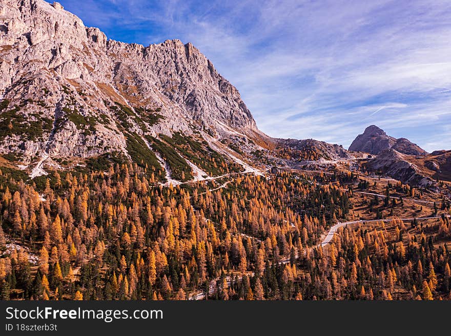 Autumn View Of The Popular Tourist Destination, The Dolomite Alps. Beauty Of Nature Concept Background