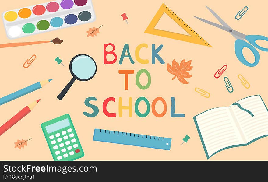 Back to school with school items and equipments on beige background. Top view