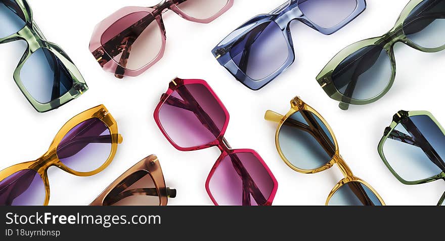 Sunglasses composition in many bright colors in transparent plastic. Top view with shadow. Trendy glasses isolated on white background. Glasses with polarized lenses. Fashionable eyewear for women