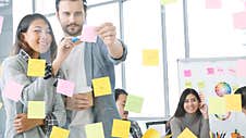 Creative Design Woman Present Talking Use Sticky Notes Post, Present Ideas. Diversity Multi Ethnic Group Brainstorming Teams With Royalty Free Stock Photos