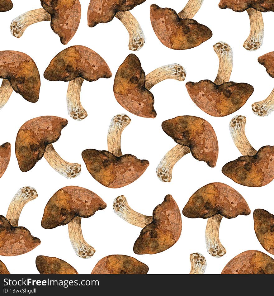 Brown porcini mushrooms background. Watercolor illustration of mushroom. Brown porcini mushrooms background. Watercolor illustration of mushroom