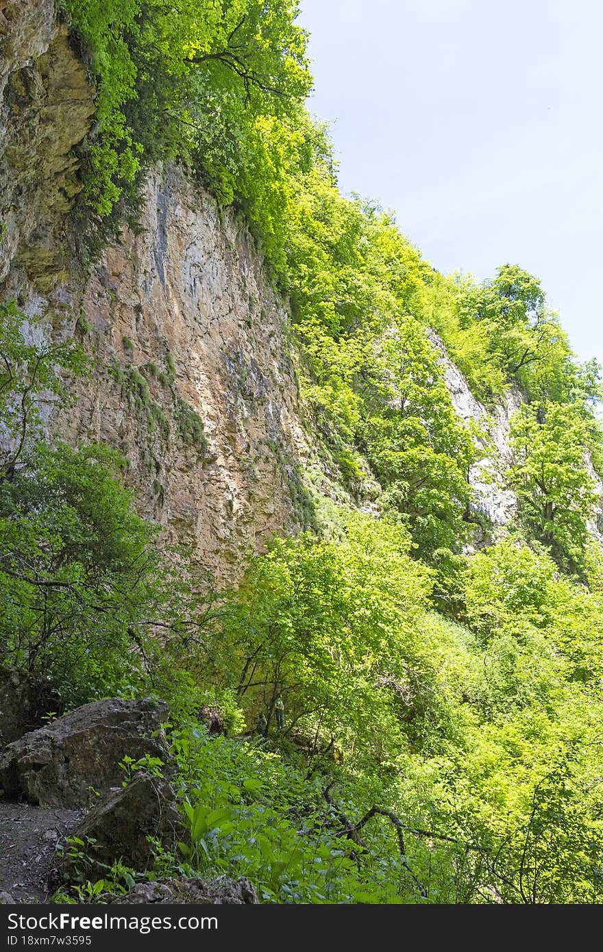 canyon in the mountains, panorama of the area, summer season, awakening in nature and the birth of a new day