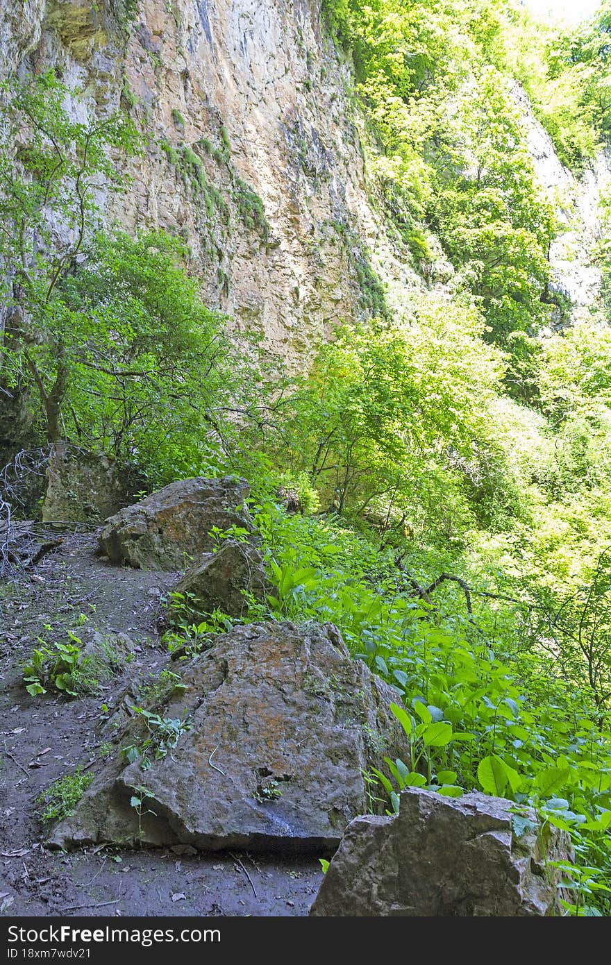 canyon in the mountains, panorama of the area, summer season, awakening in nature and the birth of a new day