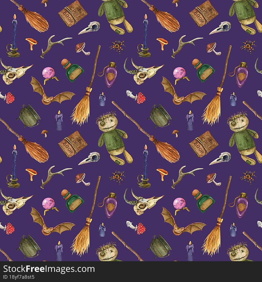 Watercolor halloween seamless pattern. Voodoo objects